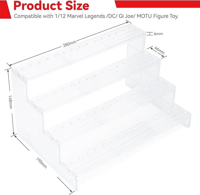 SIXPOINTS Clear Riser Display Shelf with Peg,4 Tier 6 inch Action Figure Toy Collectibles Organizer, Compatible with 1/12 Scale Marvel Legends/DC/GI Joe/Motu Figure Toy(6 inch-Clear)