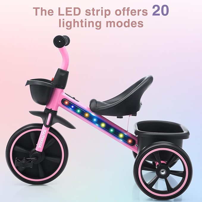 Kids Tricycle with Colorful LED Lights for Toddlers 1-3 Years, Stable 3-Wheel Design & Storage Basket for Fun Indoor Outdoor Ride, Gift for Baby Boy Girl