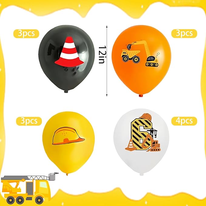 Yellow Black White 6th Birthday Balloons for Boys Girls 6th Birthday Party Decorations, 12inch 12pcs Construction Happy 6th Birthday Balloons Party Balloons for Boys Girls Construction Theme Party