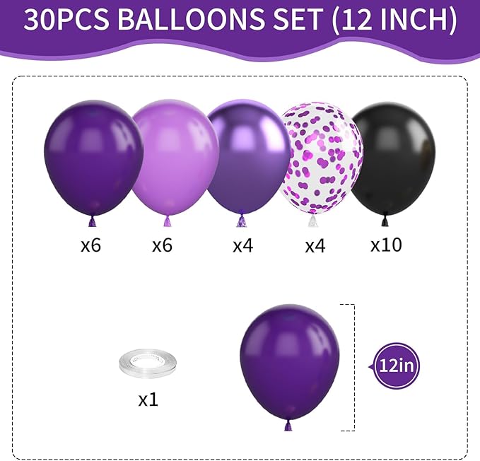 Purple and Black Balloons, 12 Inch Metallic Purple Dark Purple Black Balloons with Purple Confetti Latex Balloons for Halloween Birthday Wedding Graduations Balloons Party Decorations