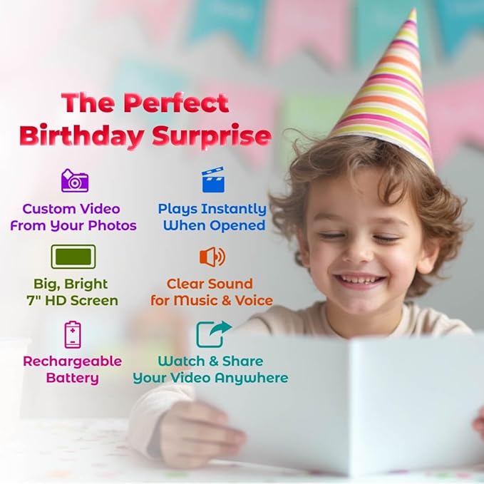 Kids Personalized Birthday Video Card – Upload Photos for a Unique Gift – Custom Video Greeting with Slideshow – 7” LCD Display, Rechargeable Battery, 512MB Memory