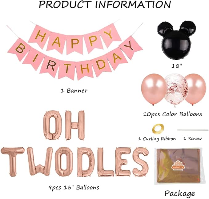 Oh Twodles Birthday Balloons, Oh Twodles Balloon Banner Party Supplies Number 2 Balloon for 2nd Second Boy Birthday Party Decoration 12PCS Kit of Geloar (Rose Gold)