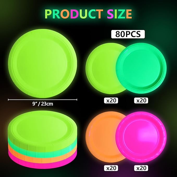 80 PCS Glow In The Dark Plates Neon Party Decorations, 4 Colors Neon Paper Plates Birthday for Glow Birthday Supplies Let's Glow Party Decorations, 9 Inch (80)