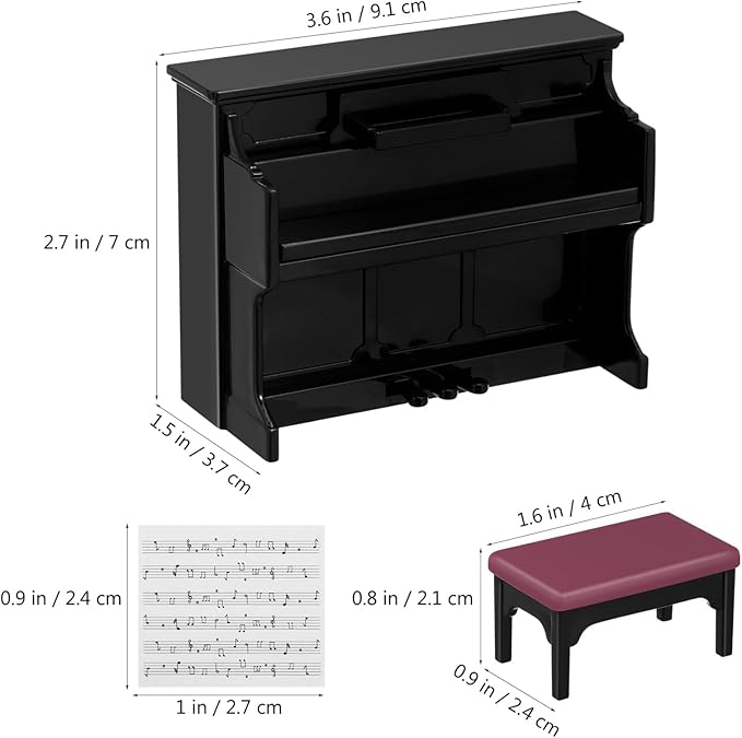 HEALLILY Mini Dollhouse Piano: Black Plastic Dollhouse Piano and Stool Set with Music Sheet for Scene Shooting Props Doll House Decoration, 3.58 X 2.75 X 1.45 Inches