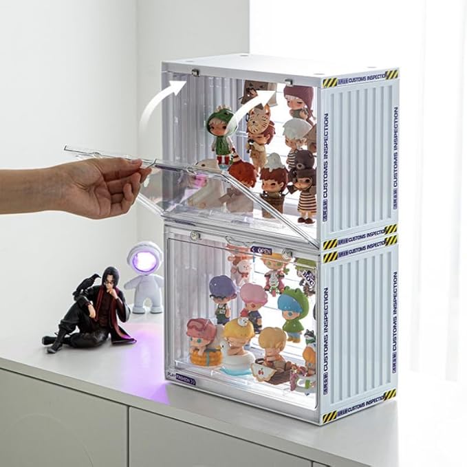Clear Display Case for Figures, 3 Tier Adjustable Display Stand, Acrylic Display Box with Magnetic Door, Dustproof Showcase for Collectibles Mini Funko Pop Popmart Action Figures (Ivory-2 Pack)