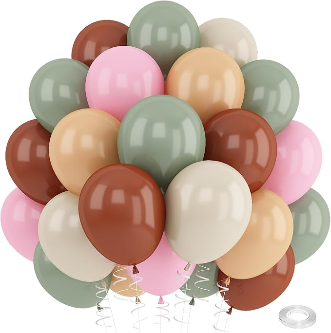 Sage Green Pink Balloons 12inch Dusty Green Pink Brown Balloon for Wild One Girls Birthday Safari Jungle Party Decorations Fog Green Beige Nude Blush Coffee Brown Latex Helium Balloon for Arch