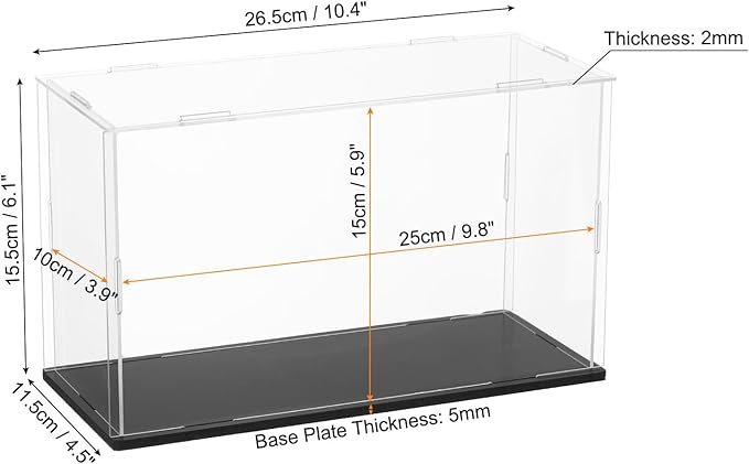 uxcell Acrylic Clear Display Case for Collectibles Self-Assemble Display Boxes Black Base Dustproof Countertop Storage Box for Collectibles Action Figures, 9.8 x 3.9 x 5.9 Inch