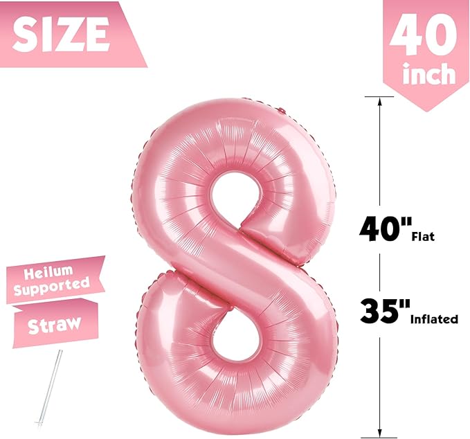 40 Inch Pearlescent Pink Number 8 Balloon, Giant 8 Number Balloons for 8th Birthday Decorations, Party Supplies for Baby Boy Girl, Pearlescent Pink Party Decor