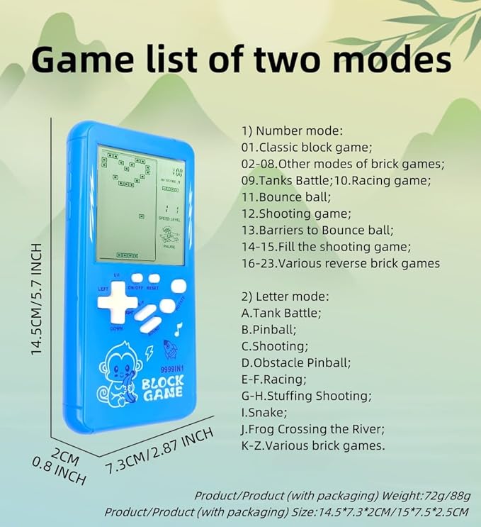 Cute Cartoon Pattern Brick Game Console Built-in Multi-Block Games Racing/Tank Battle Retro Pocket Machine Electronic Game Portable Toys for Children/Adults (Blue)