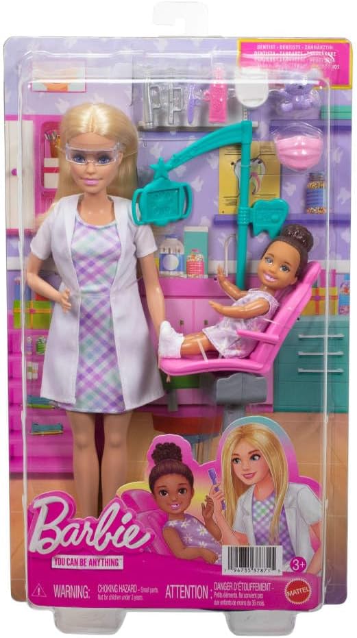 Barbie Careers Dentist Playset with Blonde Doll Wearing White Coat, Toddler Small Doll, Examination Chair & Accessories