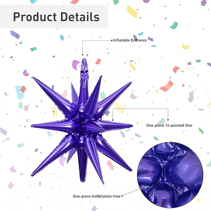 6 Pcs Purple Star Foil Balloons One-Piece 14-Pointed Star Balloon 4D Starburst Cone Mylar Balloon 22inch Christmas Birthday Wedding Wedding Anniversary Party Supplies(Purple)