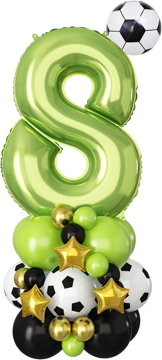 Green Number 8 Balloon Soccer 40 Inch Number Eight Foil Balloons Tower Set for Boys 8th Birthday Party Decorations Giant Large Digital Aluminum Balloons Stack for Football Lover World Sports Game