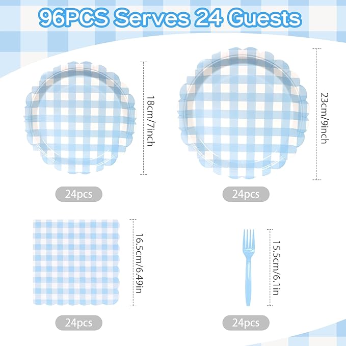 96Pcs Blue Gingham Plates and Napkins Forks Lace Plaid Paper Plates for 24 Guest Picnic Wedding Baby Shower Tea Kids Birthday Party Supplies Decrations