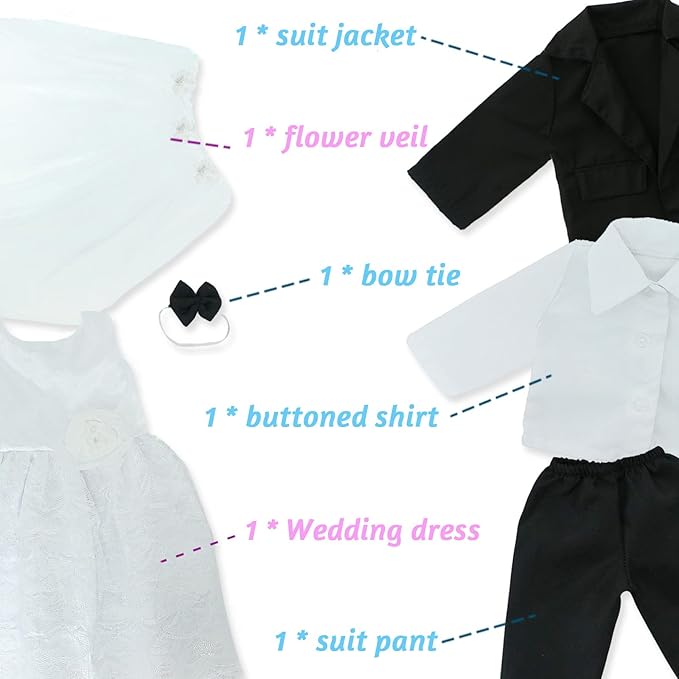 18 Inch Doll Clothes Accessories Wedding Set, Bride Wedding Dress and Groom Suit Outfit, Veil, Bow Tie for American 18 Inch Doll Girl Boy Ball Party