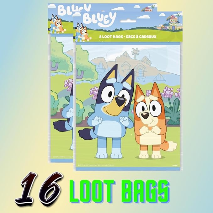 Unique Bluey Birthday Party Supplies Pack, 16 Bluey Sticker Sheets and 16 Bluey Loot Bags, Party Favors Set for Kids Age 3+ Favor Bags for kids to take home