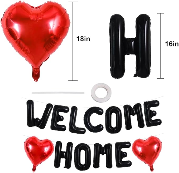 TONIFUL Welcome Home Balloons,16 Inch Black Welcome Home Foil Balloons Banner Welcome Home Party Decorations for Homecoming Party Decorations House Warming Party Family Gathering Supplies