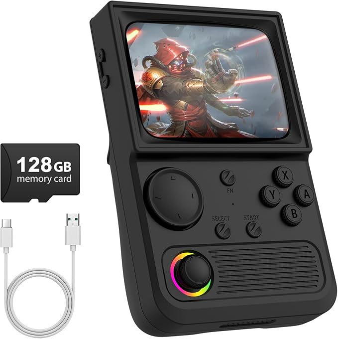 R36T Retro Gaming Console, 3.5'' IPS Screen CRT-Inspired, Handheld Game Console with 22000+ Classic Games Supports WiFi Networked Fighting and OTG, 3500mAh Battery, with Portable Case(Black 128GB)
