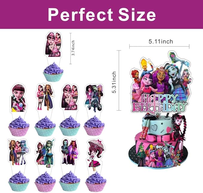 25pcs Monster Cake Decorations with 1pcs Cake Topper, 24pcs Cupcake Toppers for High Birthday Party Supplies
