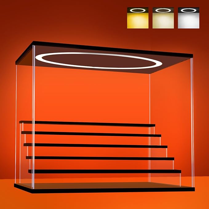 Acrylic Display Case with Adjustable LED Light, 6 L Tier Clear Display Box Dustproof Showcase for Action Figures, Collectibles and Mini Toys, Assembly Display Cabinet(Black 19.7*12.6*16.5in)