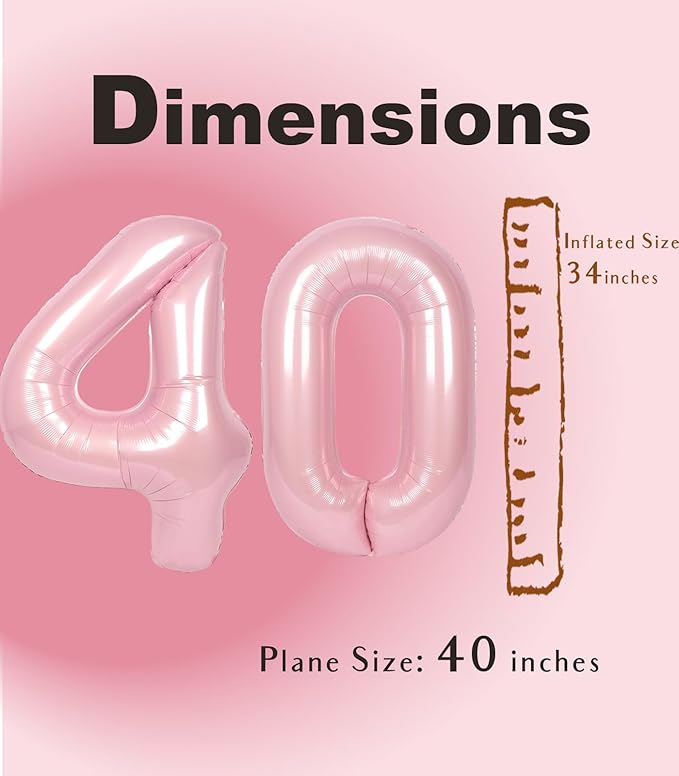 SUWEN 40 Inch Large Pink 40 Balloon Numbers Big Foil Helium Number Balloons 0-9 Jumbo Happy 40th Mylar Birthday Party Decorations for Women Anniversary Party Supplies