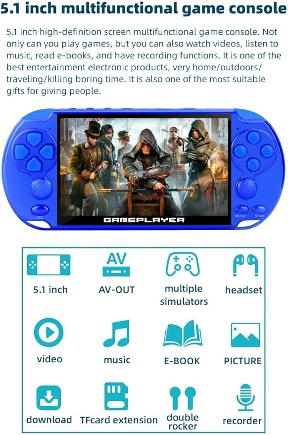JXD Multifunctional Video Game Console 5.1 inch 7500 Free Retro Games Handheld Game Console Portable Pocket Children's Game Player Mini Arcade Emulator Device mp3/4 Holiday(Dblue)