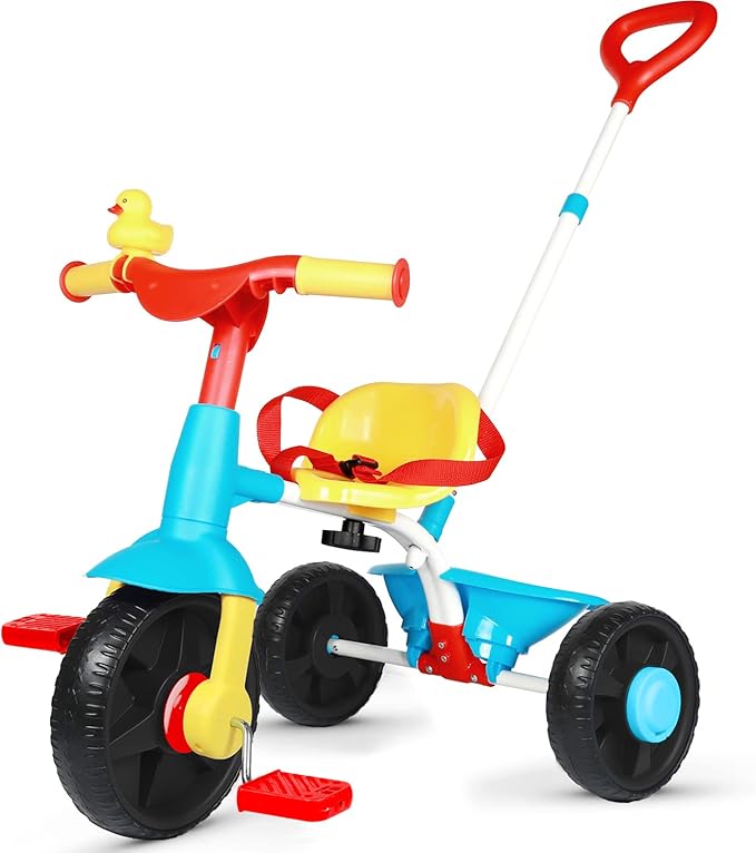 KRIDDO 2 in 1 Kids Tricycles Age 18 Month to 3 Years, Gift Toddler Tricycles for 2-3 Year Olds, Trikes for Toddlers with Push Handle and Duck Bell EVA Wheel