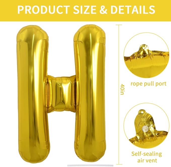 TONIFUL 40 Inch Large Gold Letter H Balloons, Foil Mylar Big Balloons for Birthday Party Anniversary Supplies Decorations