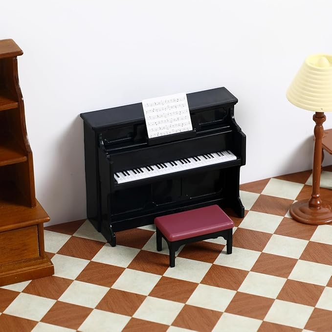 GLEAVI Mini Dollhouse Piano: Plastic Dollhouse Piano and Piano Stool Miniature Upright Piano for Doll House Decoration Accessories