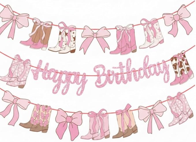 Tatuo 3 Pcs Pink Cowgirl Birthday Banner Party Decorations Pink Bow Banner Paper Bunting Garland Farm Theme Decor for Present Birthday Wedding Party Supplies, Pre Assembled Hanging Decoration