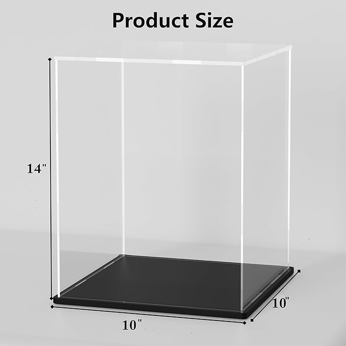 Clear Acrylic Display Case with Matt Black Base and Lid, Dust-Proof Acrylic Showcase, Cube Counter-Tops Box for Large Collectibles (10x10x14 inch)