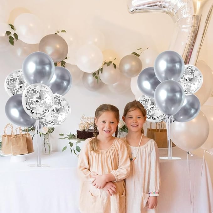 TONIFUL 4 Silver Balloon Stand Centerpiece Table Decorations for 25th Wedding Anniversary Bridal Shower 2026 Graduation Party Decoration, New Year 2026 Christmas Birthday Decorations