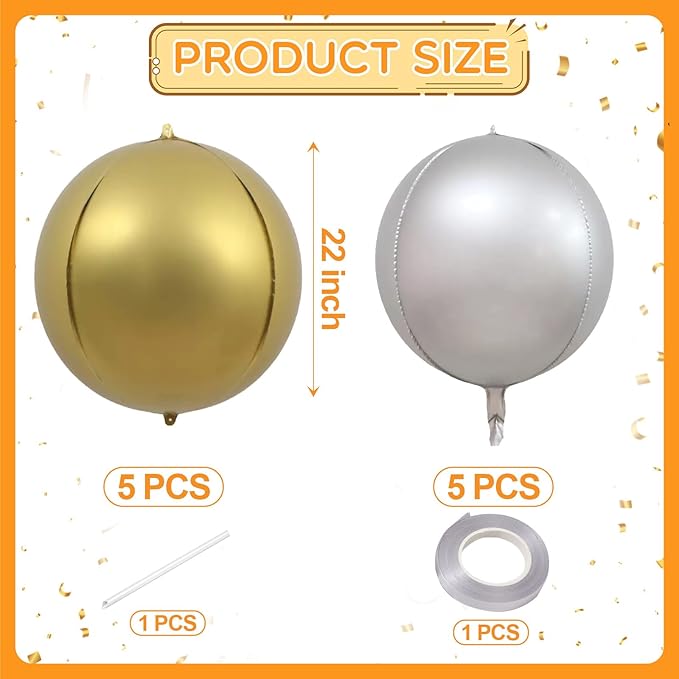 KALOR 22 Inch Matte Gold and Silver Foil Balloons, 10 Pcs Large 4D Giant Round Metallic Foil Balloon for Birthday Party Baby Shower Graduation Party Decorations