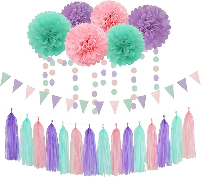 Pink-Purple Mint Mermaid Ocean-Themed Party-Decorations - 23pcs Tissue Pom Poms Streamers,Birthday Tassel Garland Banner,Wedding Engagement Baby Bridal Shower Decor Ouruola