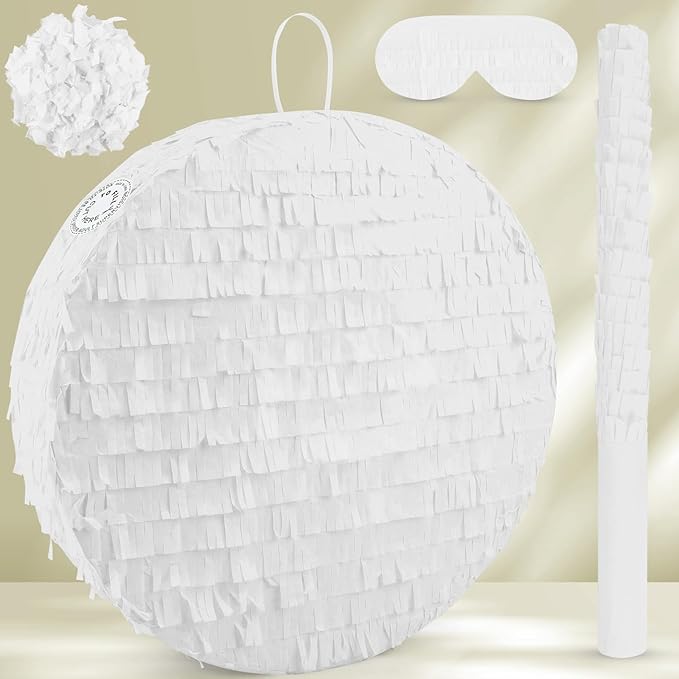 White Round Pinata with Stick Blindfold and Confetti DIY Blank Pinata for Adults Kids Birthday Party Supplies Carnivals Thanksgiving Decorations