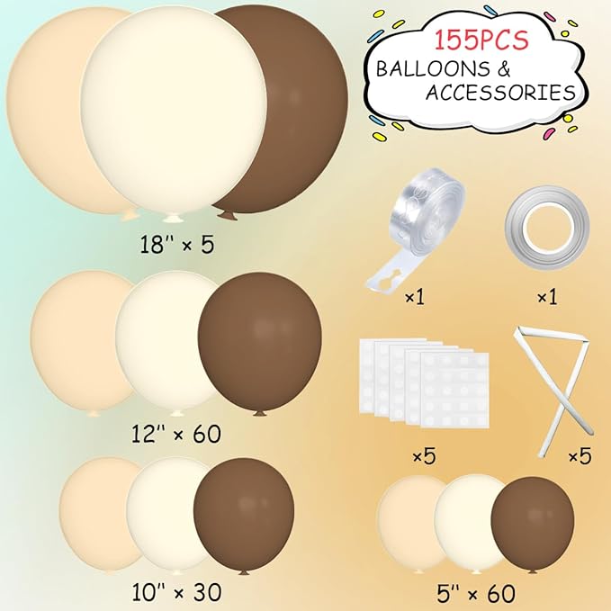 Boho Brown White Nude Balloon Garland Arch Kit, 155Pcs Dark Brown White Sand Neutral Latex Balloons for Woodland Teddy Bear Baby Shower Wedding Birthday Party Decorations