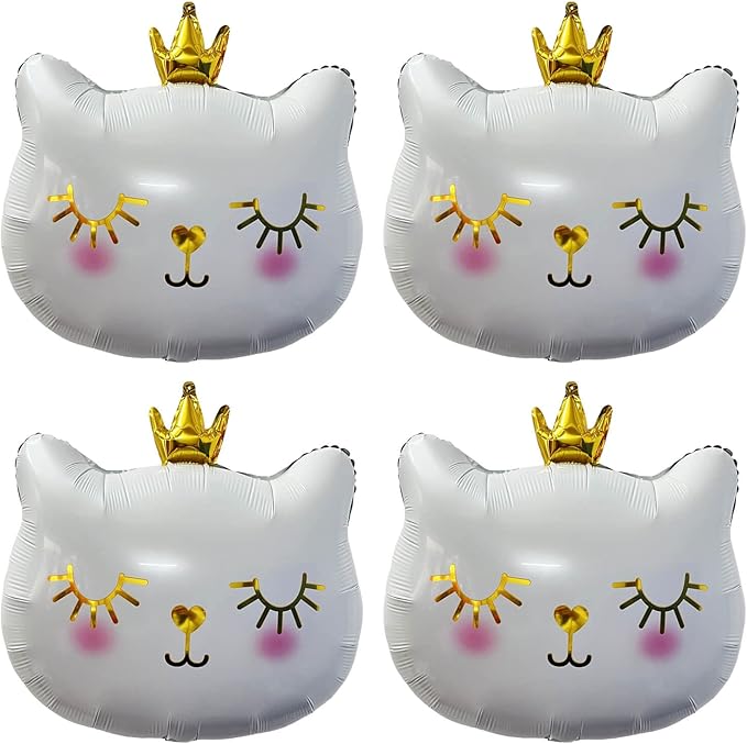 Giant Cat Balloons 28 Inch Adorable Crown Kitty White Cat Balloons for Kitten Pet Cat Theme Birthday Party Decorations