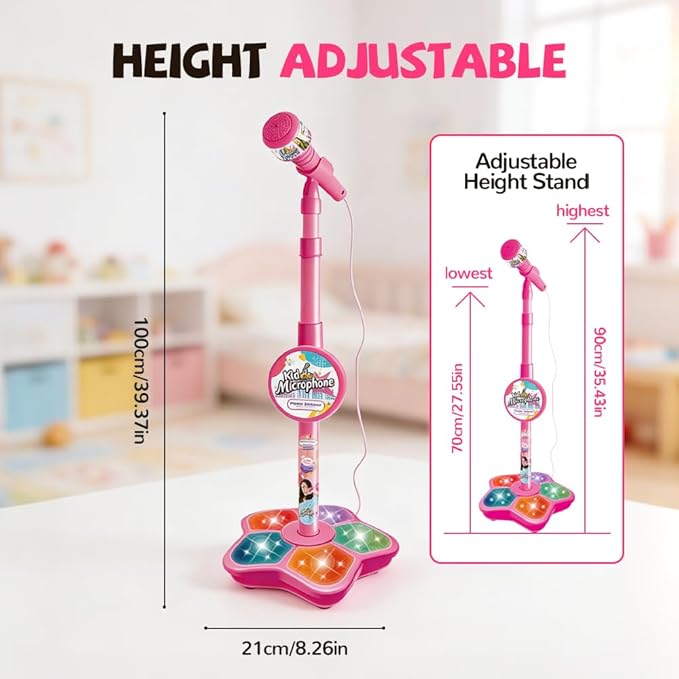 The All in One Microphone Toy, Star Microphone with Stand, Kid Star Microphones Toy Karaoke Machine with Lights, Speaker & Echo Effects, Move to Play (Pink)