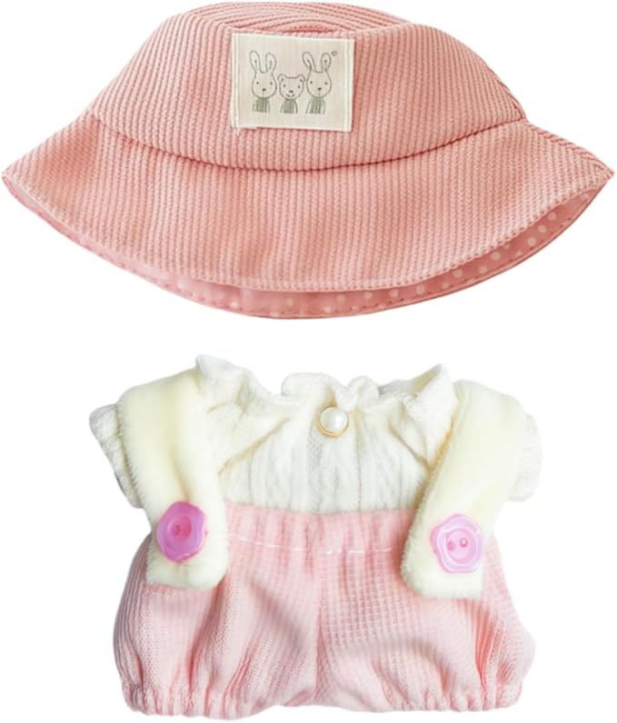 Clothes for Lu bubu 17cm Dolls Accessories(No Doll), Cute Outfit Set 3 Pieces Bib Pants Suitable for 17cm Doll Suit, Stylish Dress Up Overalls Doll Clothing Set Replacement with Hat Clothes Pink