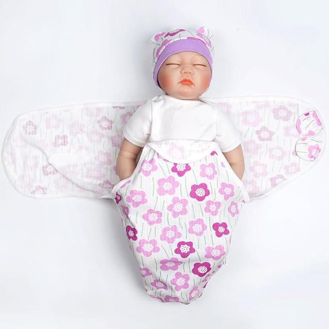 Reborn Baby Doll Swaddle Blanket 17-22 Inch Girl Purple Flowers Wrap Blanket 2 Pcs - Swaddle Blanket + Hat, Reborn and Newborn Baby Doll Clothes Accessories