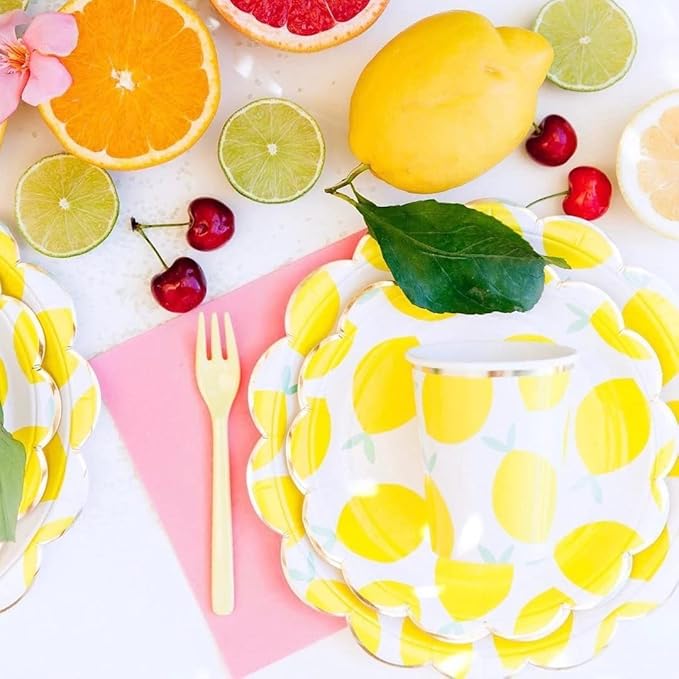 MaitianGuyou 40Pcs 7Inch Lemon Party Decorations Lemon Plates,Yellow Summer Birthday Plates Border Tableware for Summer Wedding Birthday Garden Party Supplies Table Decorations