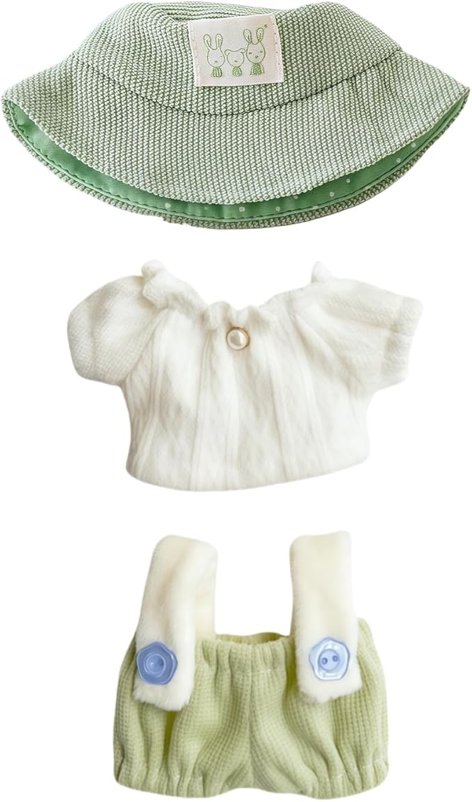 Clothes for Lu bubu 17cm Dolls Accessories(No Doll), Cute Outfit Set 3 Pieces Bib Pants Suitable for 17cm Doll Suit, Stylish Dress Up Overalls Doll Clothing Set Replacement with Hat Clothes Green