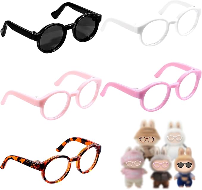 Plastic Doll Dress up Eyeglasses 5Pcs Doll Glasses Mini Glasses Fit Toy Accessories 5 Colors Compatible with 5.12 Inch Figures（Black,Pink,Purple,Leopard Print,White）