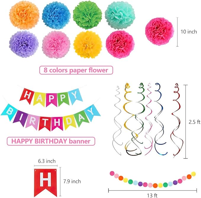 Rainbow Colorful Birthday Decorations, Happy Birthday Banner with Pom Poms Paper Circle Garland Swirl Streamers for Girls Women Party Supplies