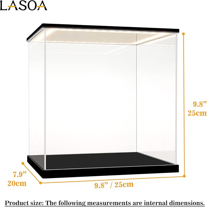 LASOA Acrylic Display Case for Collectibles with LED Light, Alternative Glass Display Box with Black Base and Lid, Self-Assembly Clear Storage Showcase for Memorabilia (9.8x7.9x9.8inch;25x20x25cm)