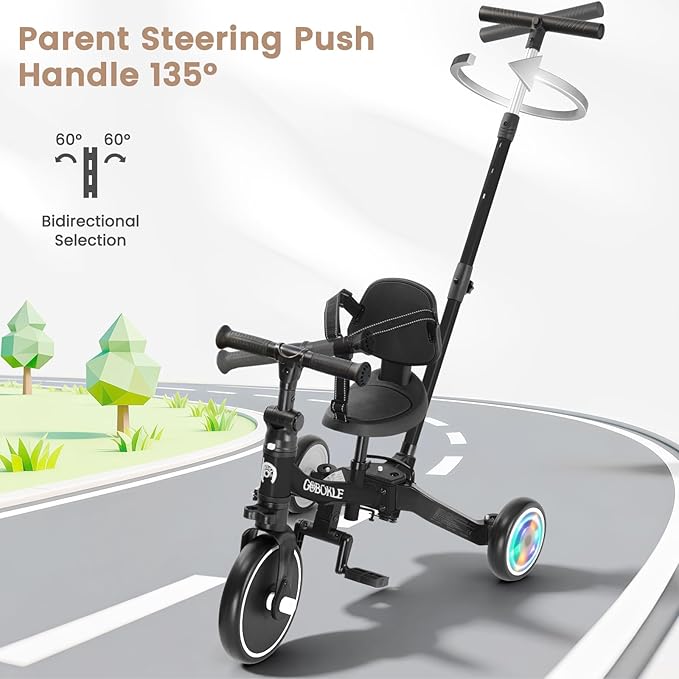 5-in-1 Tricycle for Toddlers 1-3, Convertible Toddler Bike with Push Handle & Removable Pedals, Balance Bike with Colorful Lighting Wheels, Adjustable Seat Height with Backrest (Black)