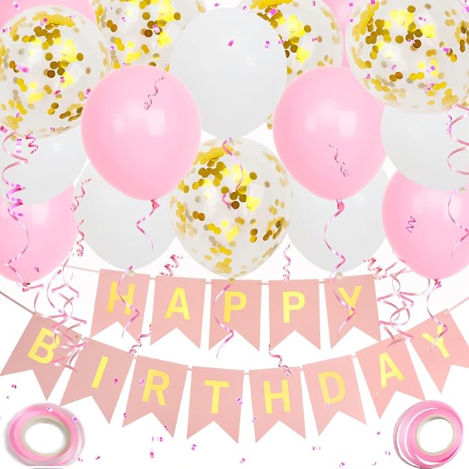 Happy Birthday Banner, Pink Birthday Decoration, 16 pcs 12 inch Happy Birthday Balloons with 2 Ribbons for Girl and Women Birthday Party Decoration