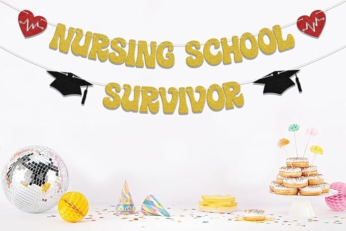 Nursing School Survivor Banner,Class of 2024 Congrats Nurse Party Decorations,Class of 2024 Nursing School Graduation Party Supplies Gold Red Black