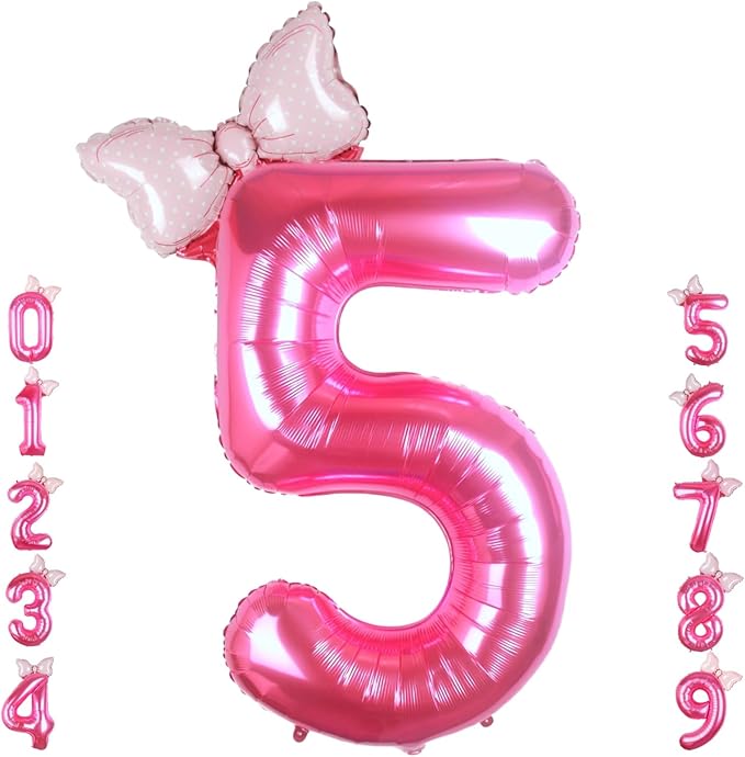 40 Inch Pink Number 5 Balloon with Mini Bow Balloon for Girls 5th Birthday Decorations, Pink Girl Princess Western Cowgirl Theme Birthday Party Balloons Decorations Supplies