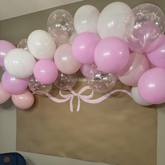 Pink Bow Balloons Light Pink and White Balloon 12inch Clear Bow Balloons Coquette Girls Birthday Party Decorations Latex Helium Balloon for Arch Bridal Shower Bachelorette Weddiing Decor