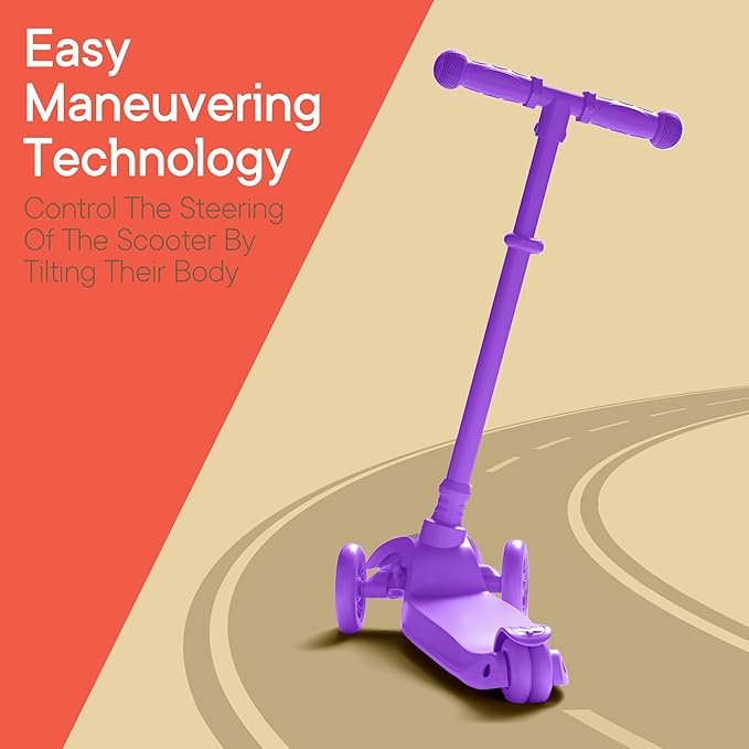 Purple Mini 3 Wheel Scooter for Kids – Lean-to-Steer with LED Light-Up Wheels, Adjustable Handlebar, Wide Anti-Slip Deck, Smooth PU Wheels, Rear Foot Brake – Toddler Scooter for Ages 2+